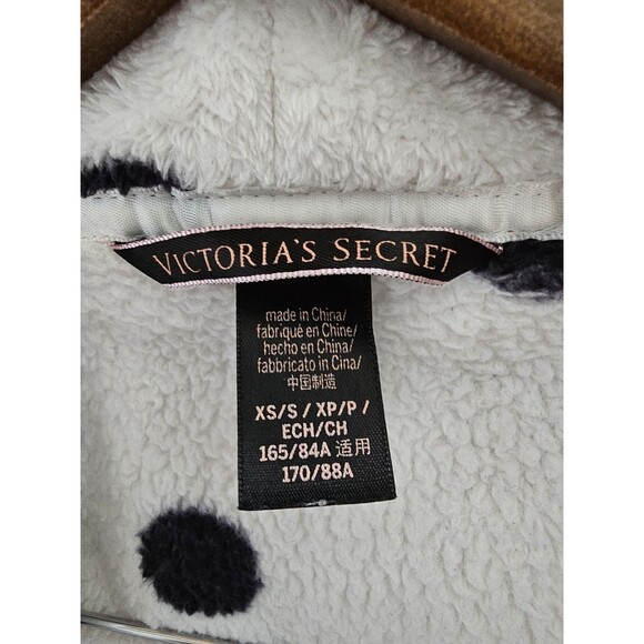 Victorias Secret robe polka dot plush fleece white black Womens XS S belt flaws - Picture 6 of 8